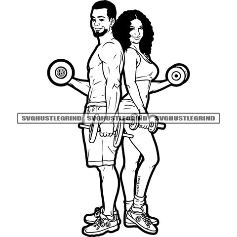 Afro Cute Fitness Couple Holding Dumbbell Color Design Element Bodybuilder Man Woman Afro Hair Style Vector Black And White Color BW SVG JPG PNG Vector Clipart Cricut Cutting Files