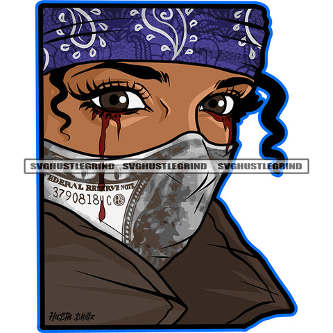 African American Woman Wearing Musk Face Design Element Color Head Blood Dripping On Eye White Background SVG JPG PNG Vector Clipart Cricut Cutting Files