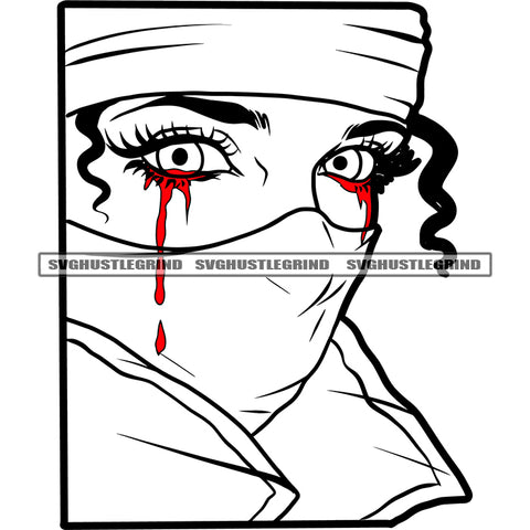 African American Woman Wearing Musk Face Black And White Color BW Design Element Color Head Blood Dripping On Eye SVG JPG PNG Vector Clipart Cricut Cutting Files