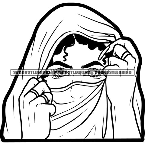 Beautiful Indian Woman Cover Face On His Dress Design Element Black And White Color Indian Wife Housewife Long Nail Vector SVG JPG PNG Vector Clipart Cricut Cutting Files