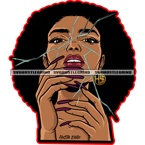 African Woman Mirror Broken Face Design Afro Hair Style With Long Nail Vector White Background Broken Heart SVG JPG PNG Vector Clipart Cricut Cutting Files