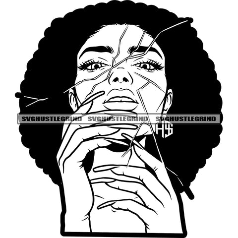 African Woman Mirror Broken Face Design Afro Hair Style With Long Nail Vector White Background Black And White Color BW Broken Heart SVG JPG PNG Vector Clipart Cricut Cutting Files