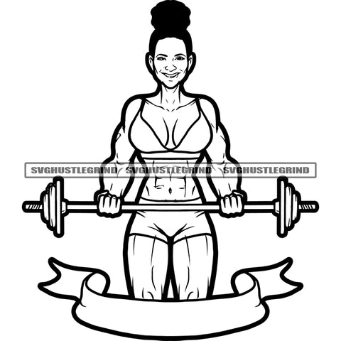 Melanin Bodybuilding Woman Female Muscle Flex Fitness Smile Face Fit Body Strong Design Logo Girl Gym Workout Train Health Weight Pose Black And White Color BW SVG PNG Vector Files