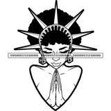 Statue Crown Melanin Woman Design Element Black And White Color BW Crown On Head Hard Praying Hand Afro Hair Close Eye White Background SVG JPG PNG Vector Clipart Cricut Cutting Files