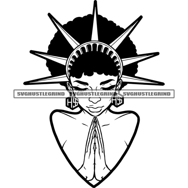 Statue Crown Melanin Woman Design Element Black And White Color BW Crown On Head Hard Praying Hand Afro Hair Close Eye White Background SVG JPG PNG Vector Clipart Cricut Cutting Files