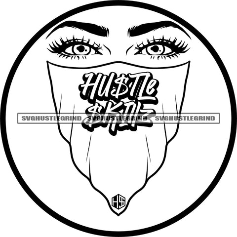 Vintage Gangster Girl Wearing Musk Half Face Circle Design Element Open Woman Eyes Black And White Color BW SVG JPG PNG Vector Clipart Cricut Cutting Files