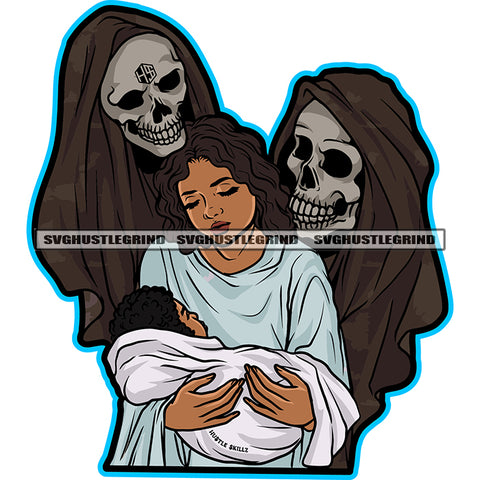 Grim Reaper Holding Mother keeps Child Vector Color Design Element Praying For Death Devil Evil Character SVG JPG PNG Vector Clipart Cricut Cutting Files