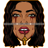 African Woman Crying Face Design Element Blood Dripping On Eye Vector Cross On Woman Mouth Long Hair SVG PNG JPG Vector Cutting Cricut Files