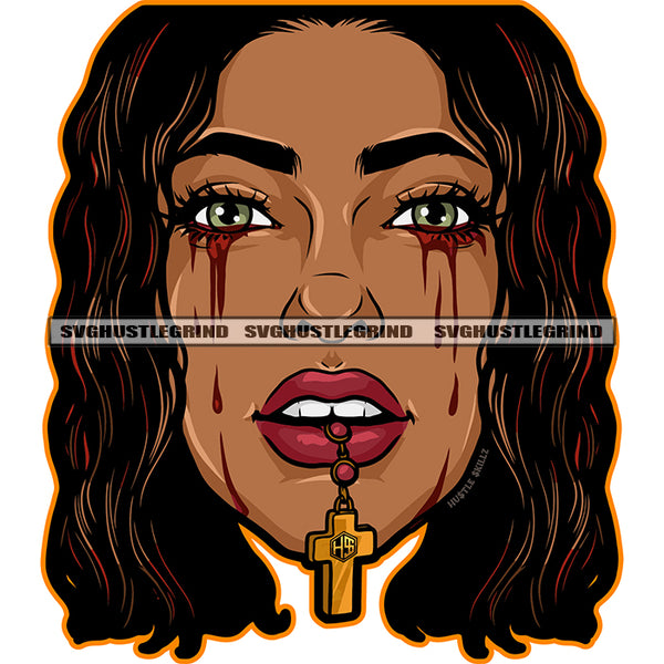 African Woman Crying Face Design Element Blood Dripping On Eye Vector Cross On Woman Mouth Long Hair SVG PNG JPG Vector Cutting Cricut Files