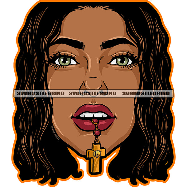 Melanin Woman Long Hair Face Design Element Cross On Mouth Vector White Background SVG JPG PNG Vector Clipart Cricut Cutting Files