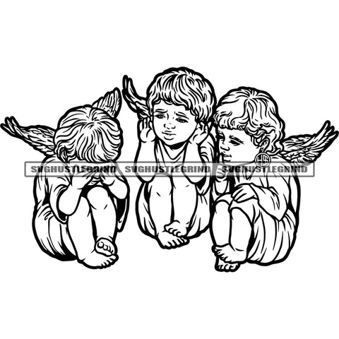 Baby Angle Smile Face Black And White Artwork African American Baby Angle Sitting On Floor With Wings Happy Face Three Cute Baby Angle BW Silhouette SVG JPG PNG Vector Clipart Cricut Silhouette Cut Cutting