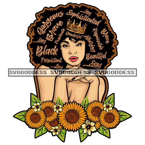 Words In Hair Gorgeous Brave Sophisticated Crown Sunflowers Black Afro Woman SVG JPG PNG Vector Clipart Cricut Silhouette Cut Cutting