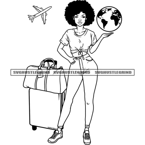 Young Afro Woman Standing Airport Vector Afro Girl Boarding The Plane ready To Fly Luggage SVG JPG PNG Vector Clipart Cricut Cutting Files