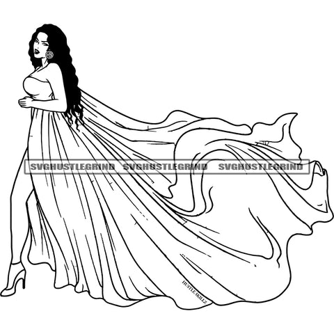 Afro Beautiful Young Woman Wearing Fluttering Dress Vector Curly Hair Style Design Element Black And White Color BW SVG JPG PNG Vector Clipart Cricut Cutting Files