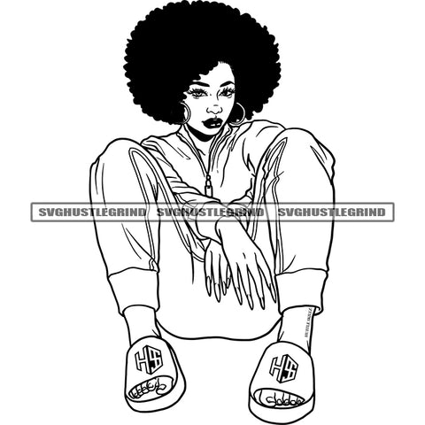 Afro Woman Sitting Sexy Pose Vector Afro Hair Style Long Nail Design Element Black And White Color BW African Woman SVG JPG PNG Vector Clipart Cricut Cutting Files