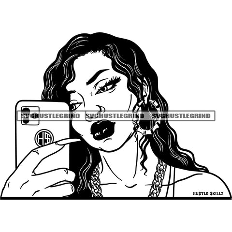 Afro Woman Holding Phone And Took Selfie Vector Curly Hair Design Element Black And White Color Long Nail Sexy Look SVG JPG PNG Vector Clipart Cricut Cutting Files