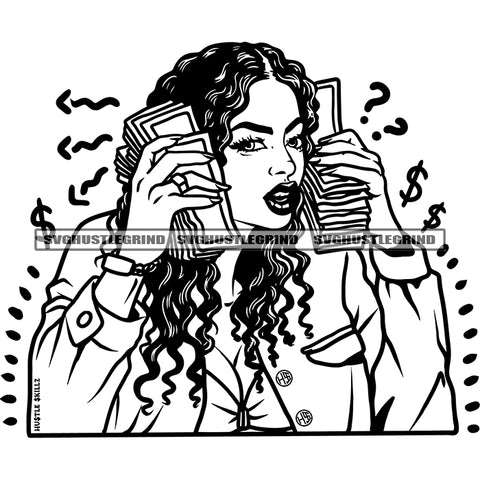 Afro Woman Holding Money Vector Black Girl Curly Long Hair Design Element Black And White Color BW Dollar Sign Symbol  SVG JPG PNG Vector Clipart Cricut Cutting Files
