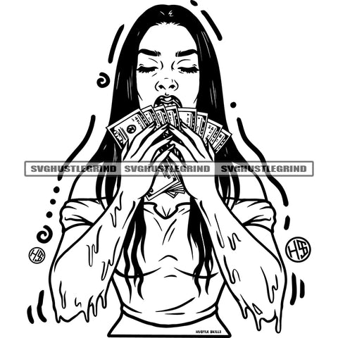 Afro Woman Holding Money Vector State Long Hair Skin Color Dripping Black And White Color BW Close Eye Symbol SVG JPG PNG Vector Clipart Cricut Cutting Files