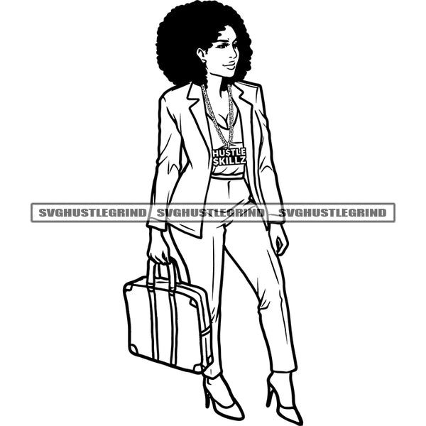 Diva Queen Boss Lady Bag On Hand Vector Afro Woman Model Melanin Classy Lady Glamour Black and White Afro Curly Hair SVG JPG PNG Vector Clipart Cricut Cutting Files