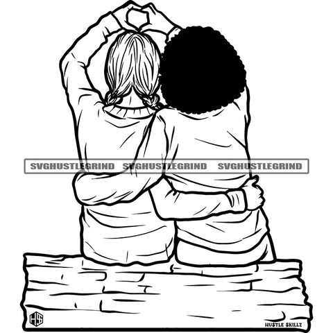 Afro Best Friend Woman Sitting On Table Vector Two Hand Heart Hand Sign Design Element Long Afro Hair Black And White SVG JPG PNG Vector Clipart Cricut Cutting Files