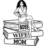 Boss Wife Mom Quote Afro Woman Sitting On Book Black And White Vector Curly Long Hair Design Element BW SVG JPG PNG Vector Clipart Cricut Cutting Files