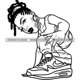 Female Dwarf Little Person Dreads Vector Locs Hair Style Sign Jeans Sneaker Kneeling Hoops Grind Black And White BW SVG JPG PNG Vector Clipart Cricut Cutting Files