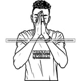 Afro Curly Hair Man Vector Hard Praying Design Element Wearing T-Shirt Black And White Pray God BW SVG JPG PNG Vector Clipart Cricut Cutting Files