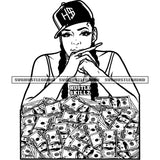 Afro Gangster Woman Sitting On Lot Of Money Bundle Vector Black And White Design Element African Woman Wearing Cap long Nail BW SVG JPG PNG Vector Clipart Cricut Cutting Files