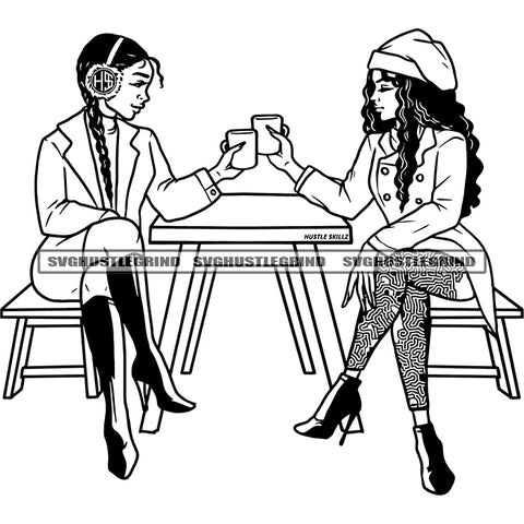Best Friend Seated In Table Vector Afro Woman Holding Coffee Mug Black And White Color Curly Long Hair Design Element BW SVG JPG PNG Vector Clipart Cricut Cutting Files