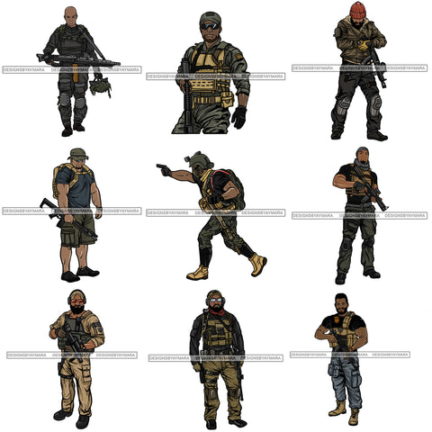Bundle 9 Afro Military Man Army Carrying Weapon Gun PNG JPG Cutting Files For Silhouette Cricut and More!
