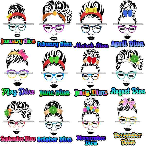 Bundle 12 Birthday Diva Wearing Glasses Headband Hair Bow Hipster Girls SVG JPG PNG Layered Cutting Files For Silhouette Cricut and More