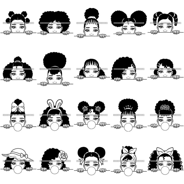 Bundle 20 Afro Cute Peeking Girls SVG Hot Selling Designs Black Girl Magic Melanin Popping Hipster Girls SVG JPG PNG Layered Cutting Files For Silhouette Cricut and More