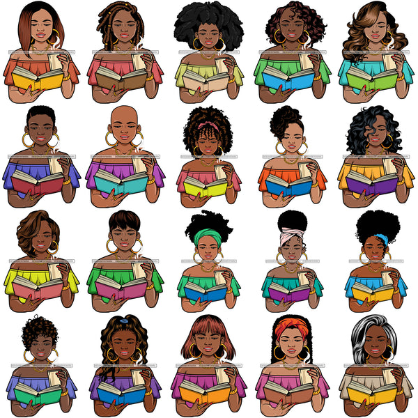 Bundle 20 Afro Lola Reading A Book Education Smart Woman Drinking Coffee .SVG Cutting Files For Silhouette Cricut and More!