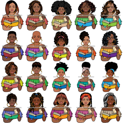 Bundle 20 Afro Lola Reading A Book Education Smart Woman Drinking Coffee .SVG Cutting Files For Silhouette Cricut and More!
