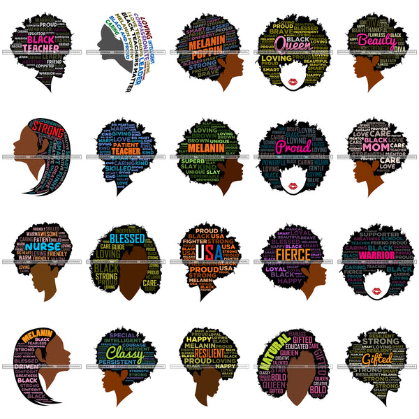 Bundle 20 Afro Black Proud Teacher Hair Quotes Fierce Queen Nubian Melanin SVG Cutting Files For Silhouette Cricut and More