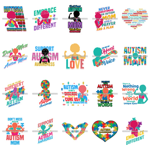 Bundle 20 Autism Mom Support Awareness SVG JPG PNG Cutting Files For Silhouette Cricut and More