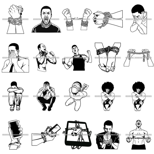 Bundle 20 Black Man In Chain Prisoner Pain Freedom Injustice Technology Slave Slavery Hands In Chain Designs For T-Shirt and Other Products SVG PNG JPG Cutting Files For Silhouette Cricut and More!