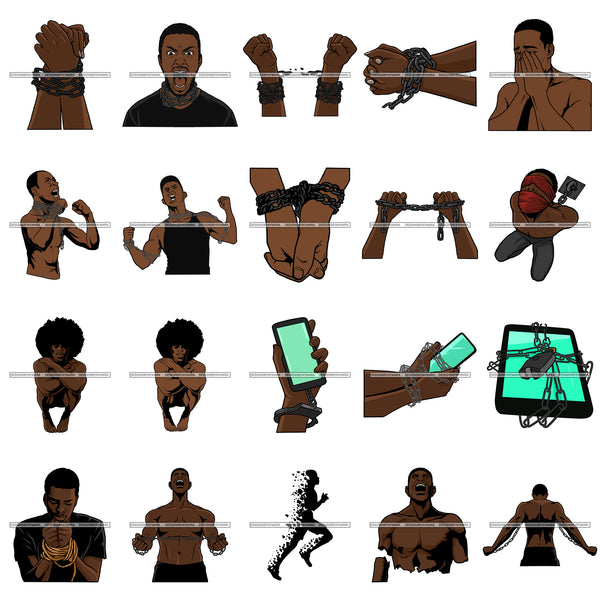 Bundle 20 Black Man In Chain Prisoner Pain Freedom Injustice Technology Slave Slavery Hands In Chain Designs For T-Shirt and Other Products SVG PNG JPG Cutting Files For Silhouette Cricut and More!