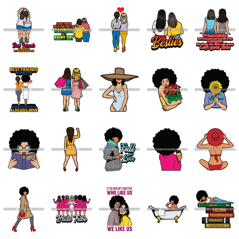 Bundle 20 Best Friends Together Love Amigas Melanin Woman Afro Hair SVG JPG PNG Vector Clipart Cricut Silhouette Cut Cutting