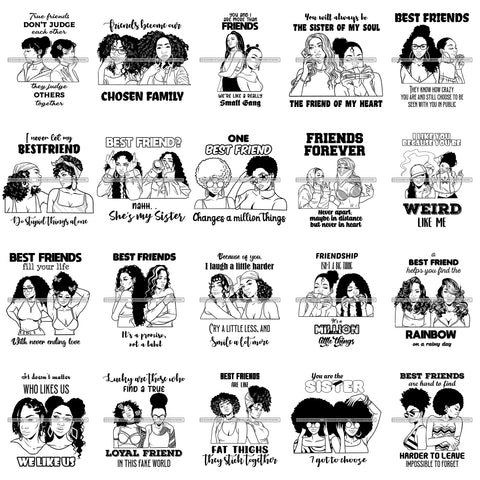 Bundle 20 Best Friend Love Forever Best Friends Family Girlfriend's Quotes BW SVG PNG JPG Cutting Files For Silhouette Cricut and More!