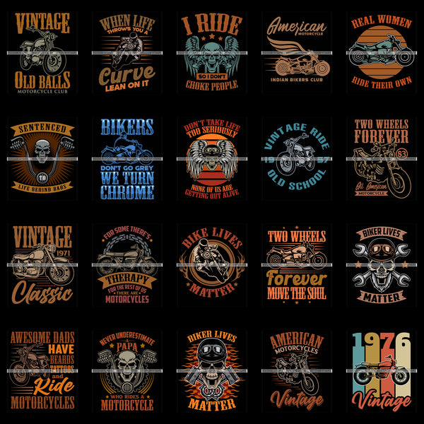 Bundle 20 Biker Rider Quotes Motorcycle Vintage Old School Black Background SVG PNG JPG Cutting Files For Silhouette Cricut and More!