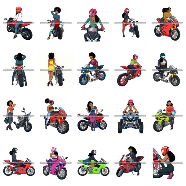Bundle 20 Biker Chick Sport Bike Rider Speed Angel Motorcycle African Woman Gear Helmet Protection SVG PNG JPG Cutting Files For Silhouette Cricut Cut Cutting