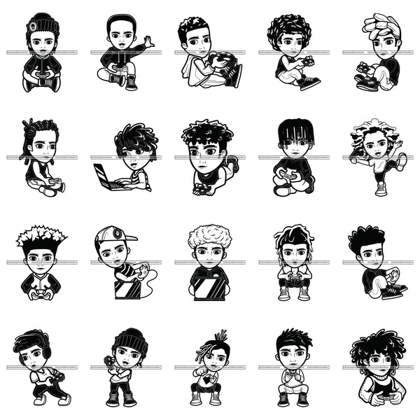 Bundle 20 Teenager Boy Playing Video Game Remote Control Play Station Xbox Entertainment Having Fun BW   SVG PNG JPG Cutting Files For Silhouette Cricut and More!