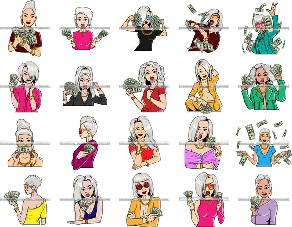 Bundle 20 Caucasian Hustle Woman Money Maker One Hundred Dollar Bill Successful Woman Hipster Girl Magic SVG Cutting Files For Silhouette Cricut