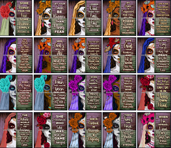 Bundle 20 Woman Half Face Day Of The Dead Costume Inspirational Quotes Mexican Celebration Skeleton Party Floral Festival  De La Calavera JPG PNG Files For Silhouette Cricut and More