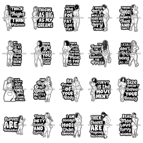 Bundle 20 Curvy BBW Lady Sexy Woman Voluminous Body Thick Tights Quotes BW SVG PNG JPG Cutting Files For Silhouette Cricut and More!