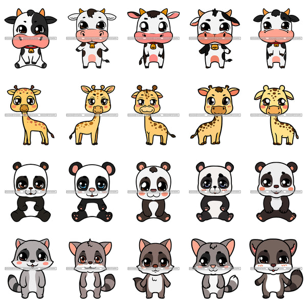 Bundle 20 Cute Animals Cartoon Cow Giraffe Panda Racoon Characters Kids Children Room Decoration Birthday Party Fantasy Fairytale SVG JPG PNG Vector Clipart Cricut Silhouette Cut Cutting