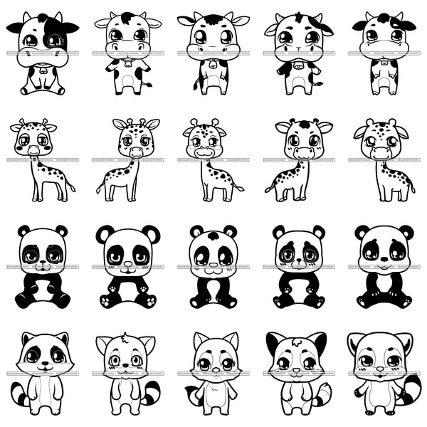 Bundle 20 Cute Animals Cartoon Cow Giraffe Panda Racoon Characters Kids Children Room Decoration Birthday Party Fantasy Fairytale B/W SVG JPG PNG Vector Clipart Cricut Silhouette Cut Cutting