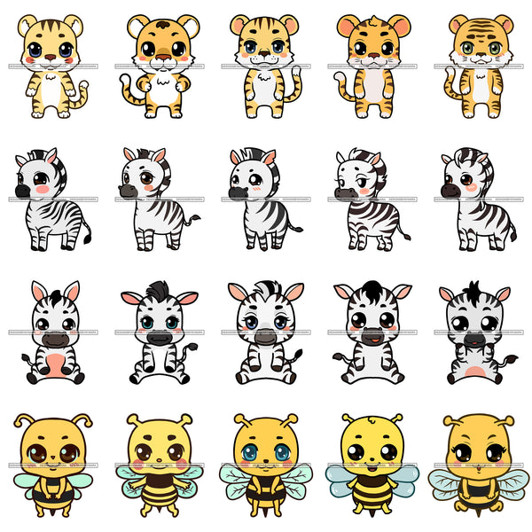 Bundle 20 Cute Animals Cartoon Characters Tiger Zebra Bee Kids Children Room Decoration Birthday Party Fantasy Fairytale SVG JPG PNG Vector Clipart Cricut Silhouette Cut Cutting