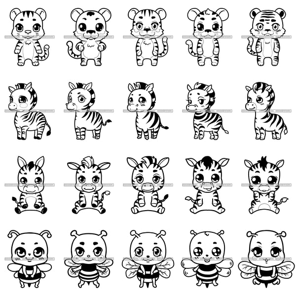 Bundle 20 Cute Animals Cartoon Characters Tiger Zebra Bee Kids Children Room Decoration Birthday Party Fantasy Fairytale SVG JPG PNG Vector Clipart Cricut Silhouette Cut Cutting